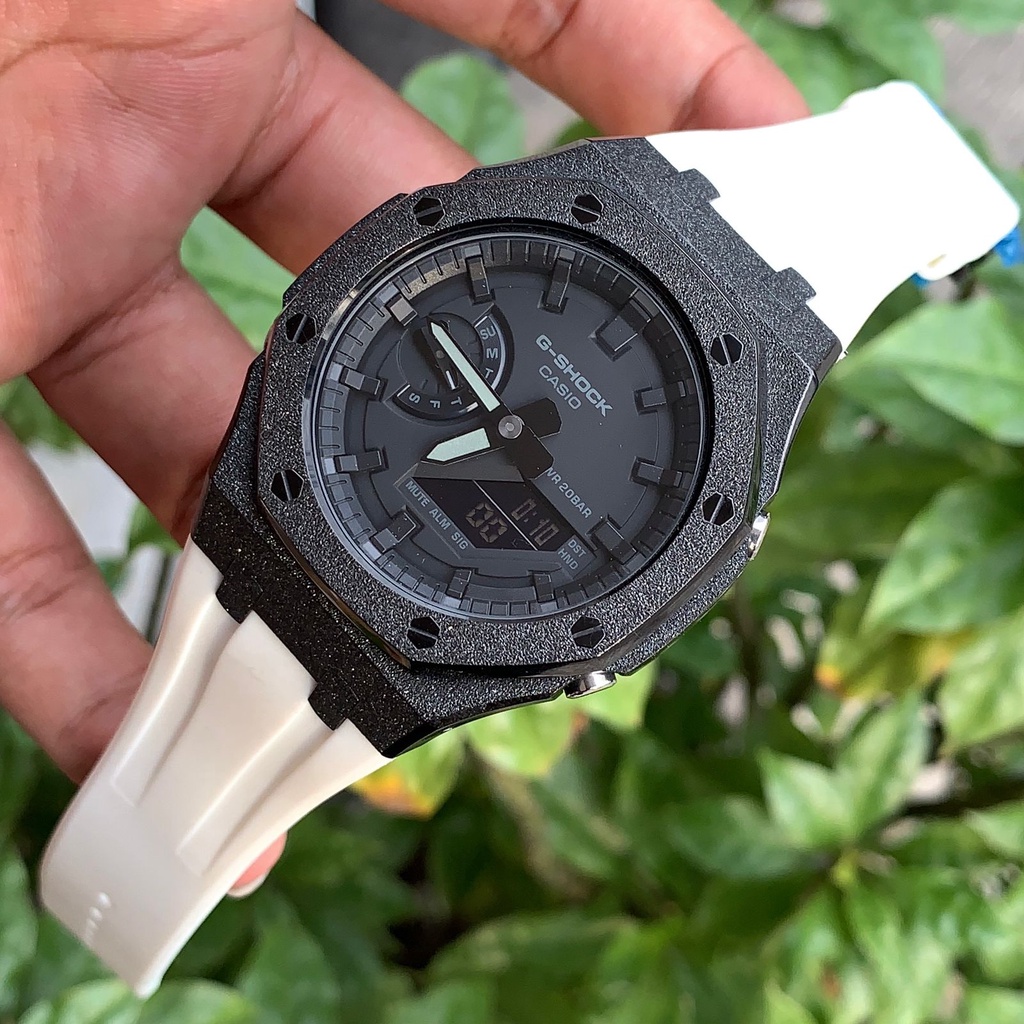 Casioak Gshock GA 2100 FullBlack Diamond Black Rubber White 44mm