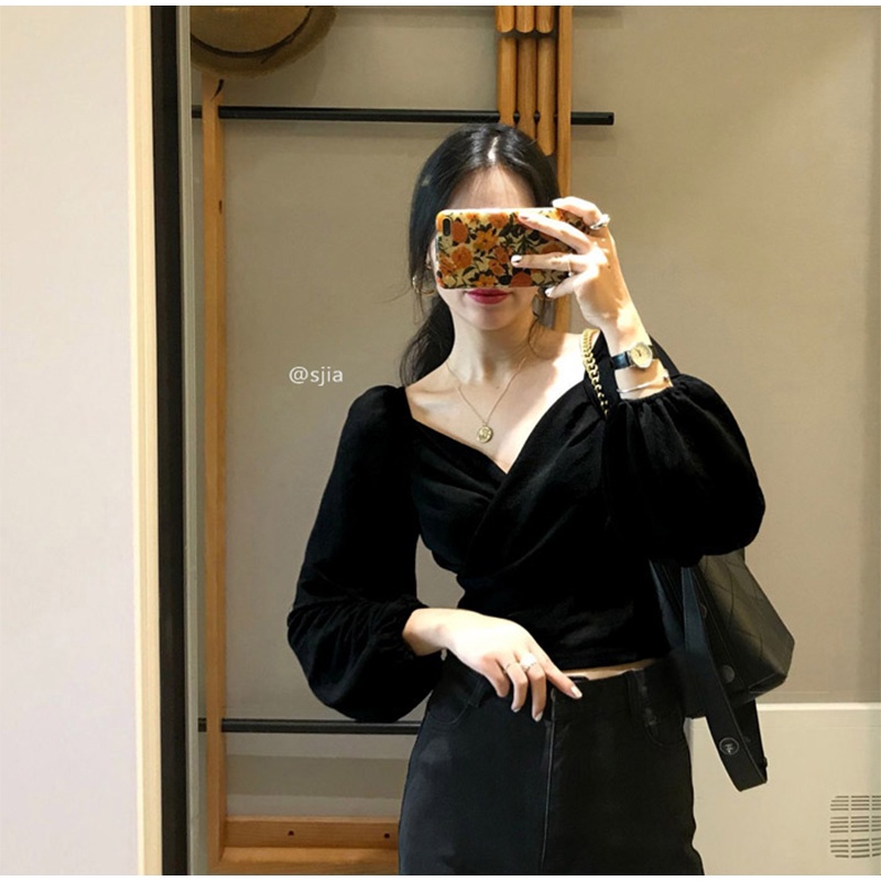 V-Neck Beludru Lipit Top Slim Fit Kemeja Vintage Korea