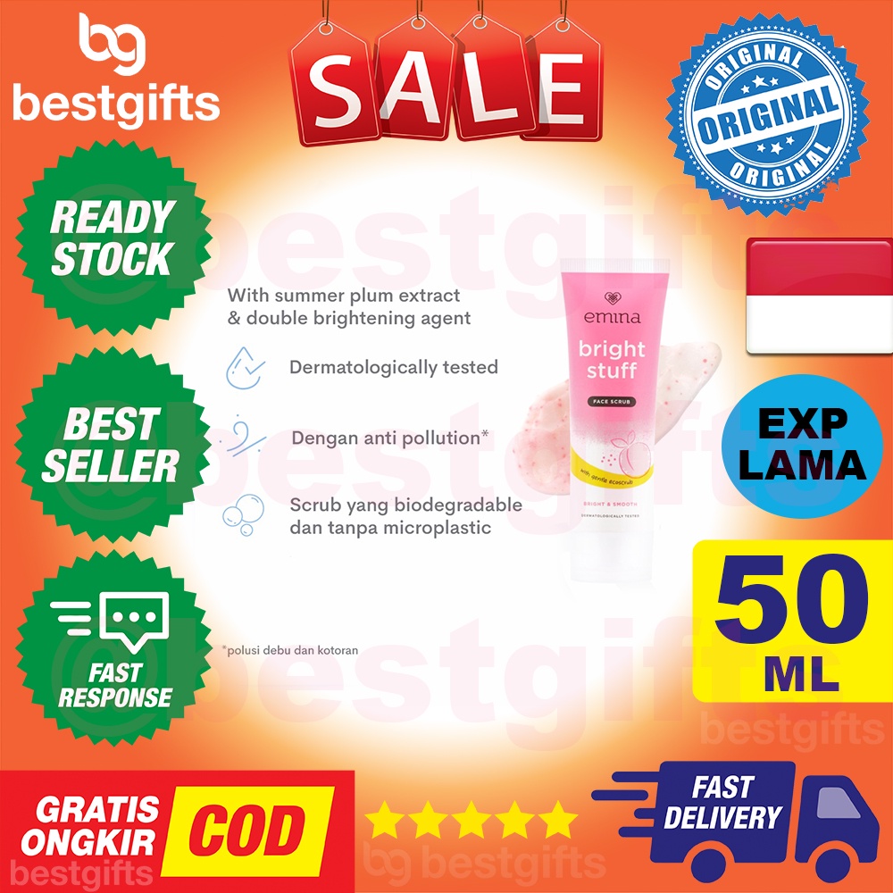 EMINA BRIGHT STUFF FACE SCRUB MEMBERSIHKAN MENGANGKAT SEL KULIT MATI MENCERAHKAN WAJAH NATURAL 50 ML