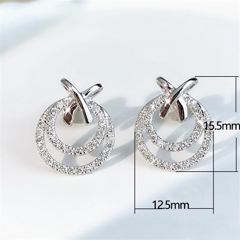 Anting Stud Cubic Zirconia Bentuk Lingkaran Warna Silver Putih Untuk Wanita