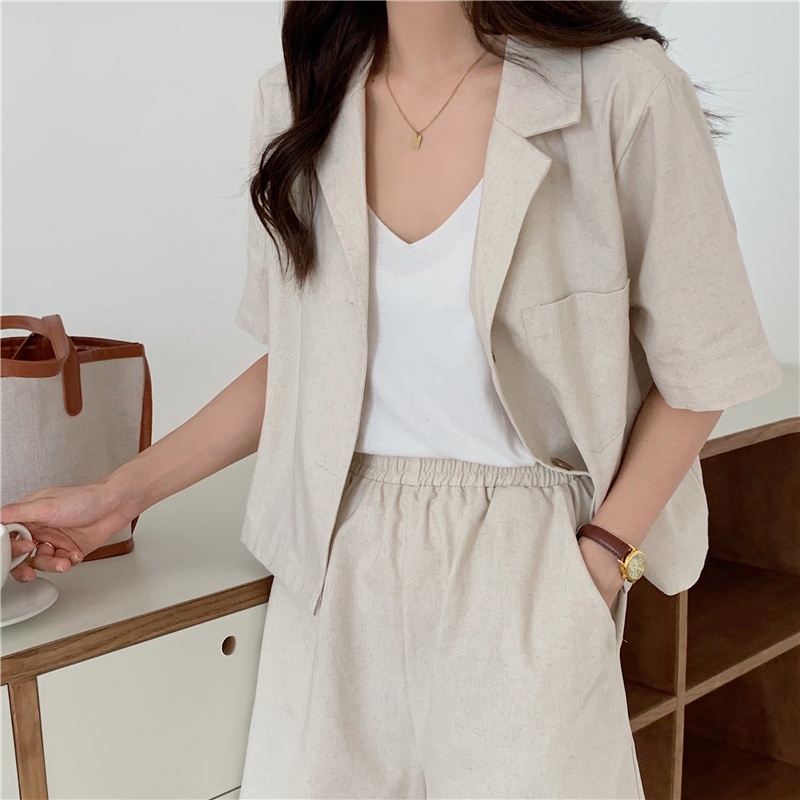 korean style V-neck blazer jaket wanita terbaru korean+ loose dan celana lebar kaki kasual  high waist Celana panjang wanita import Korean style/One Set Wanita