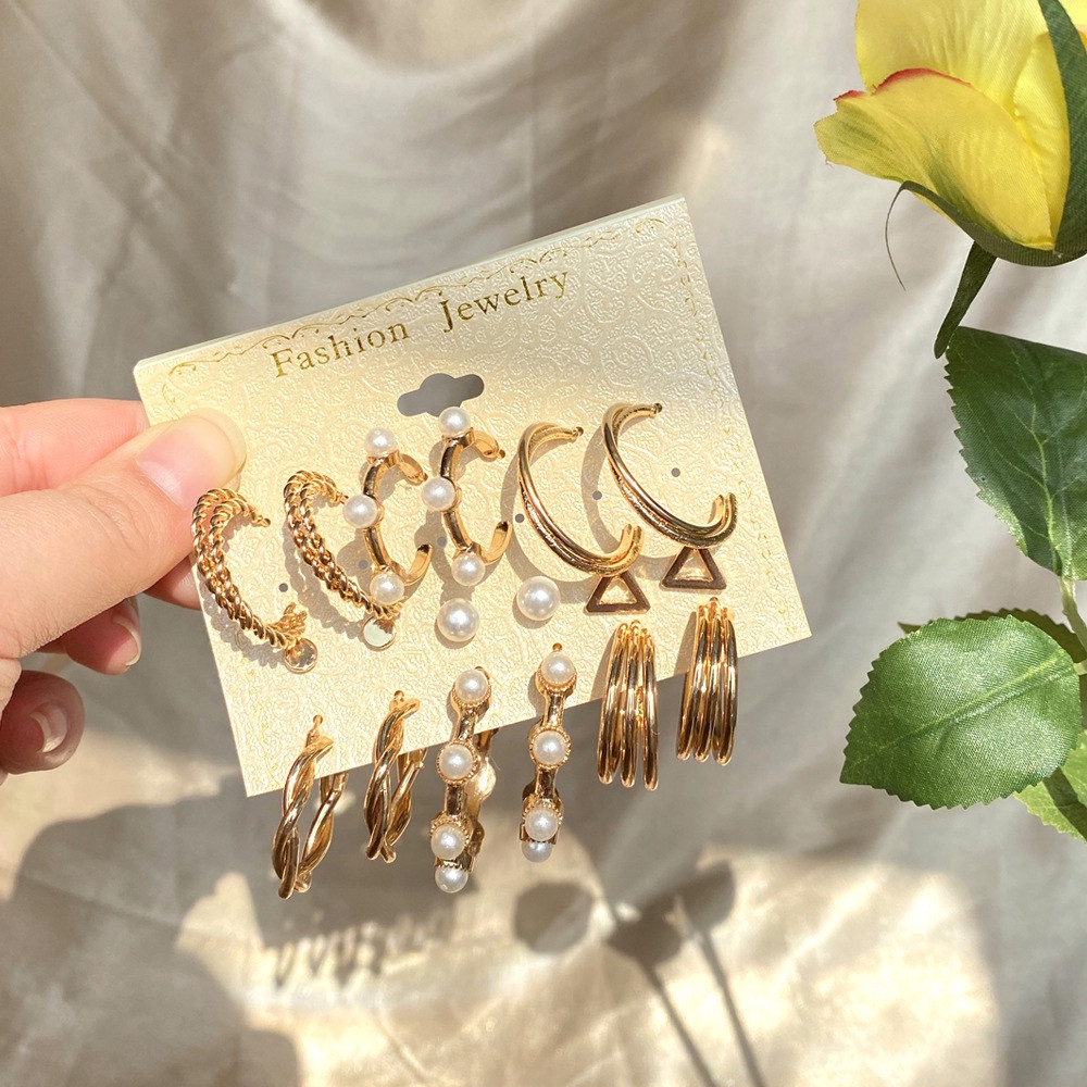 【COD Tangding】9 Pair/set Advanced Good Quality Pearl Earrings Set for Women Gold Earring Creative Retro Earings Fashion Accessories