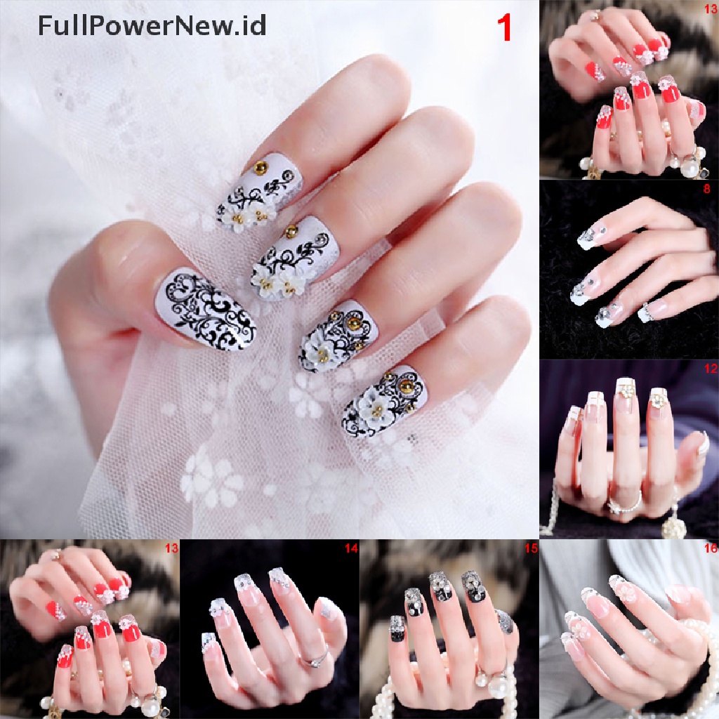 24pcs / Set Kuku Palsu Transparan Motif Bunga Aksen Manik-Manik Untuk Nail Art / Manicure Diy