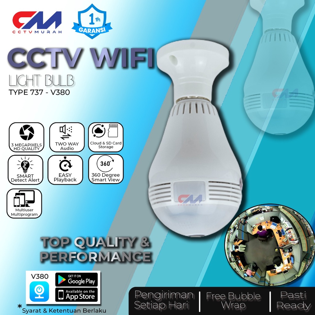 CCTV BOHLAM 2MP APLIKASI V380/V380 PRO KAMERA CCTV LAMPU IP WIRELESS PANORAMA FISHEYE 360 (BOHLAM / BULB) APP V380 BERPOSTEL