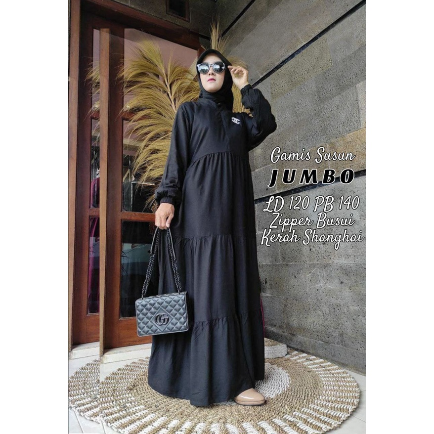 Gamis Syari Rayon Adem Warna Polos Susun Cantik Elegan Canda Busui Wudhu Friendly Listia Hitam Black