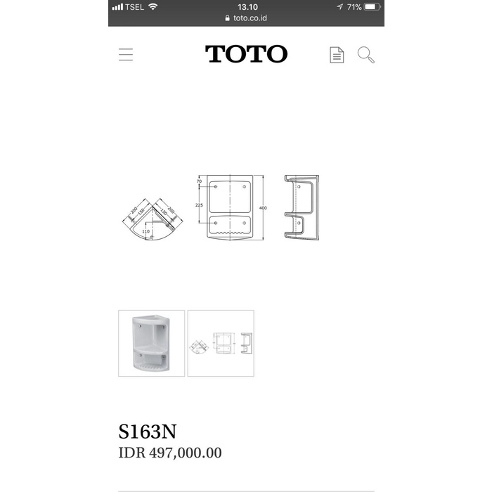 Tempat Sabun Toto S 163 N Corner( Sudut) Putih Kamar Mandi