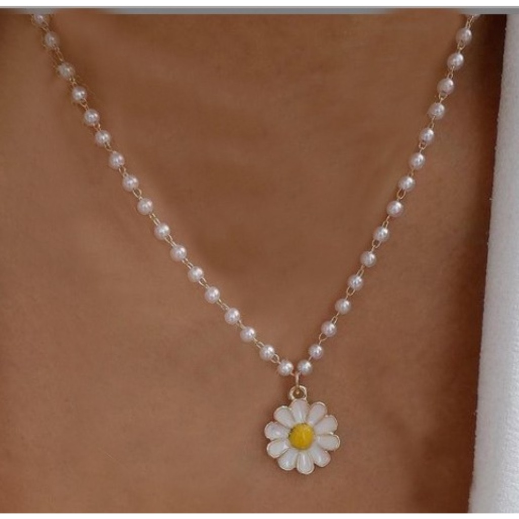 Kalung Liontin Wanita MUTIARA DAISY Gaya Korea Fashion Women Pearl Necklace Aksesoris Feshyen Cewek