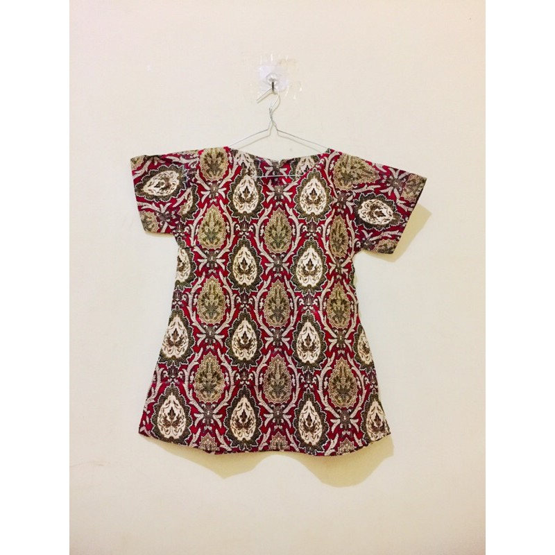 BLOUSE BATIK WANITA LENGAN PENDEK WARNA MERAH MAROON | BLUS ATASAN WANITA UKURAN S / M