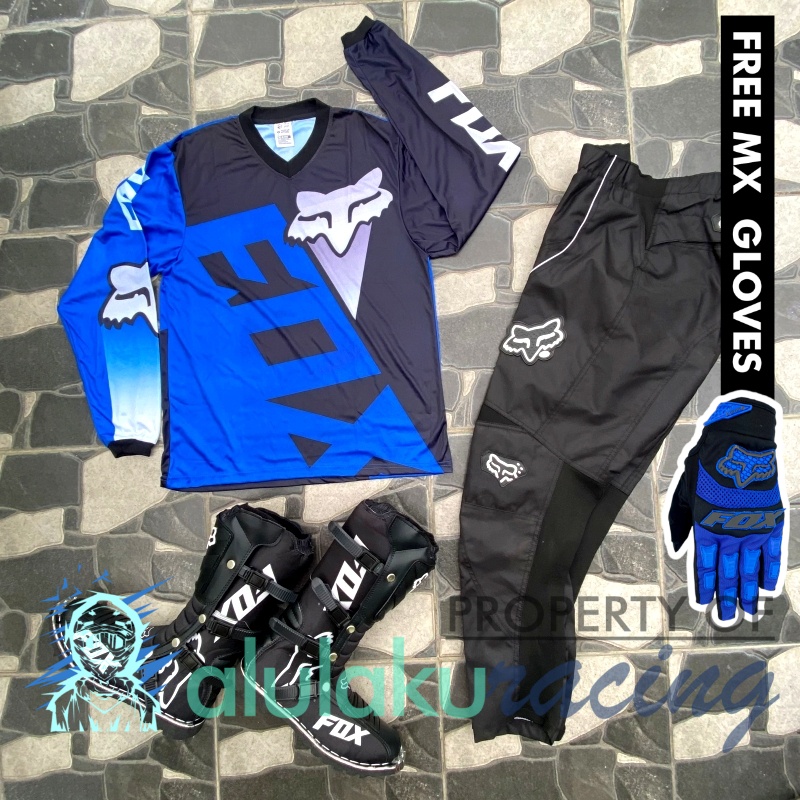 Jersey, Celana, Sarung Tangan &amp; Sepatu Fullprint with Protectors Fullset MX Trail Motocross - Paket Bundling FOCTFG060101-F46