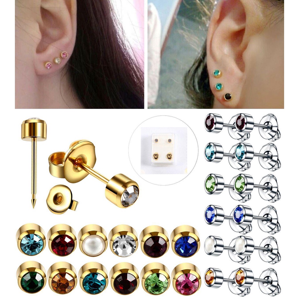 SUYO 1pasang 4mm Kristal Telinga Tindik Stud Emas Perak Rustproof Anti-Sensitif Stud Earrings