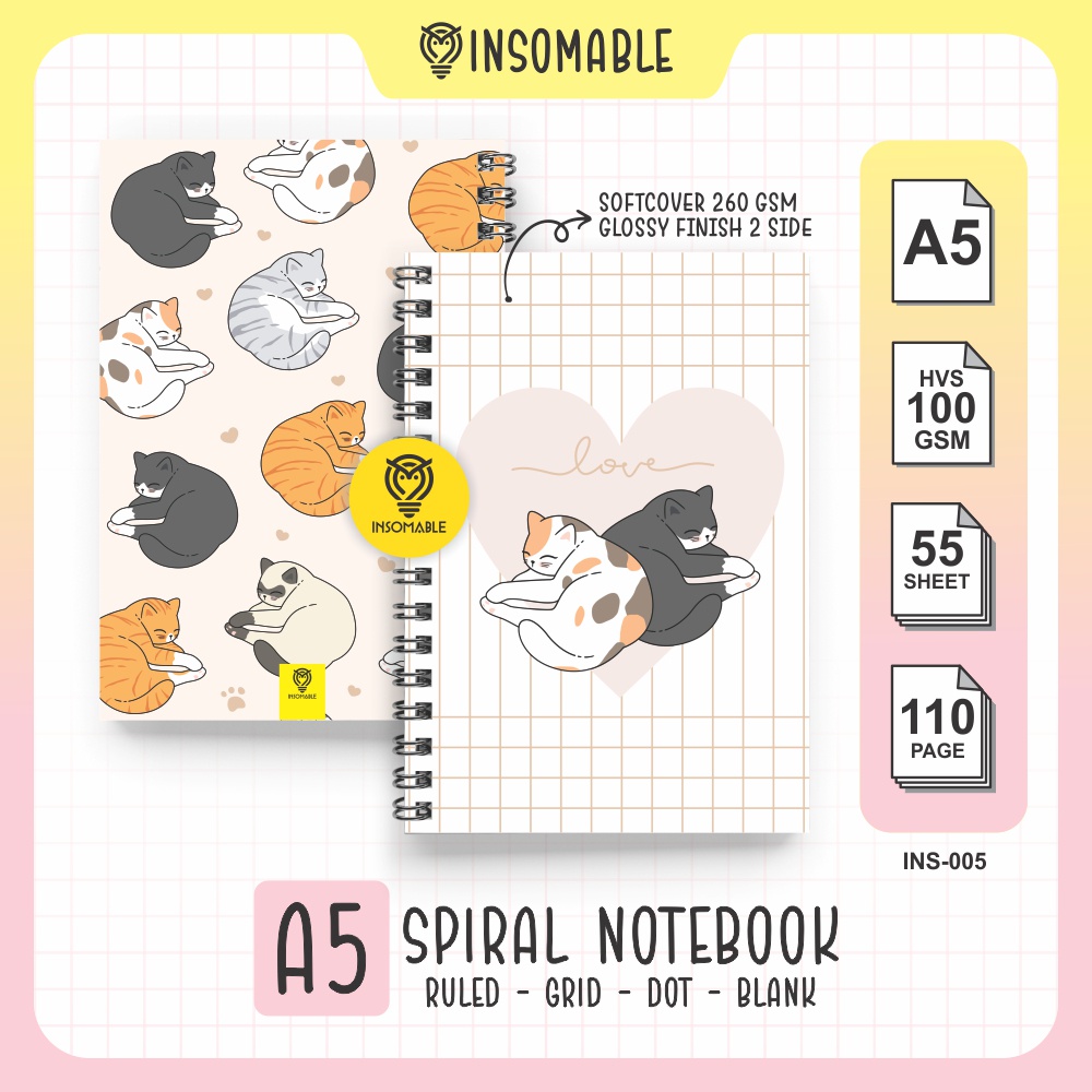 

Spiral Notebook A5, INS-005 Buku Catatan Kucing Lucu, Kawaii Cat Spiral Notebook isi 50 lembar HVS 100gsm insomable