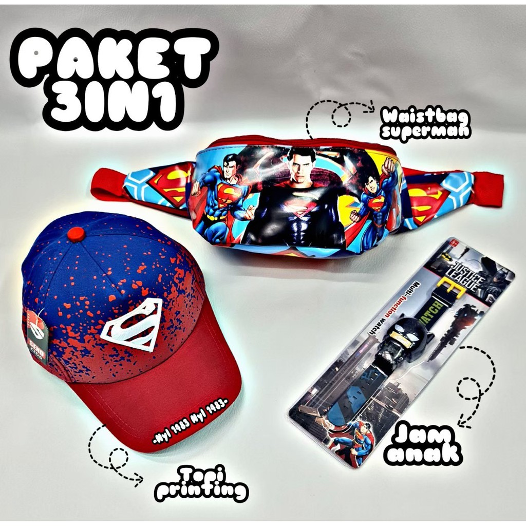 3 in 1 Paket Hemat Anak Waistbag anak karakter_topi anak_jam tangan anak Superman poto Realpict