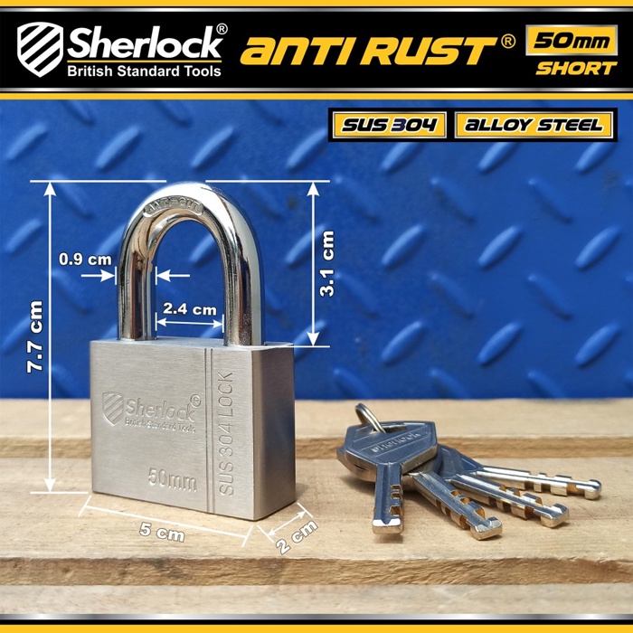 Gembok ANTI RUST 50 mm Pendek Sherlock Stainless Steel 304 anti karat