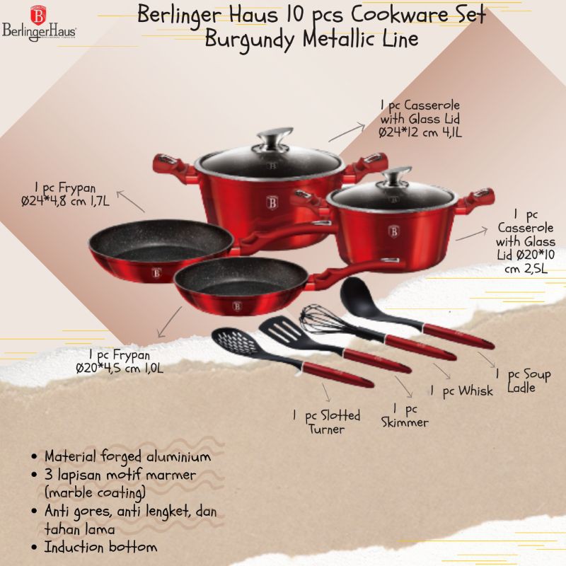 Panci Sultan/ frypan / Berlinger Haus 10 pcs Cookware Set Burgundy Metallic Line