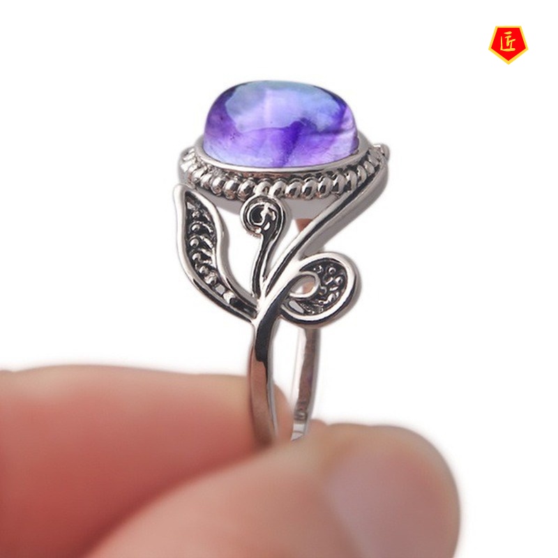 [Ready Stock]Retro Amethyst Ring Silver Diamond Elegant Niche Design