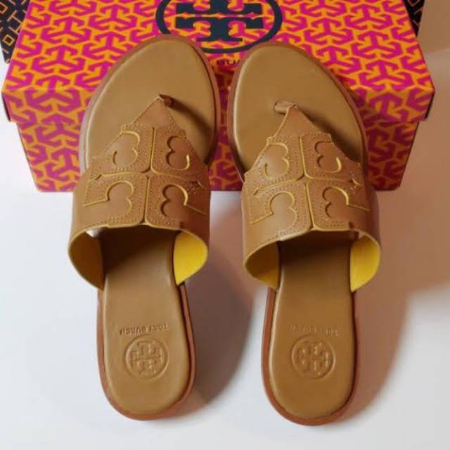 Tory Burch chocolate marigold Jamie Full Logo thong sandal flats ori leather kulit royal tan coklat