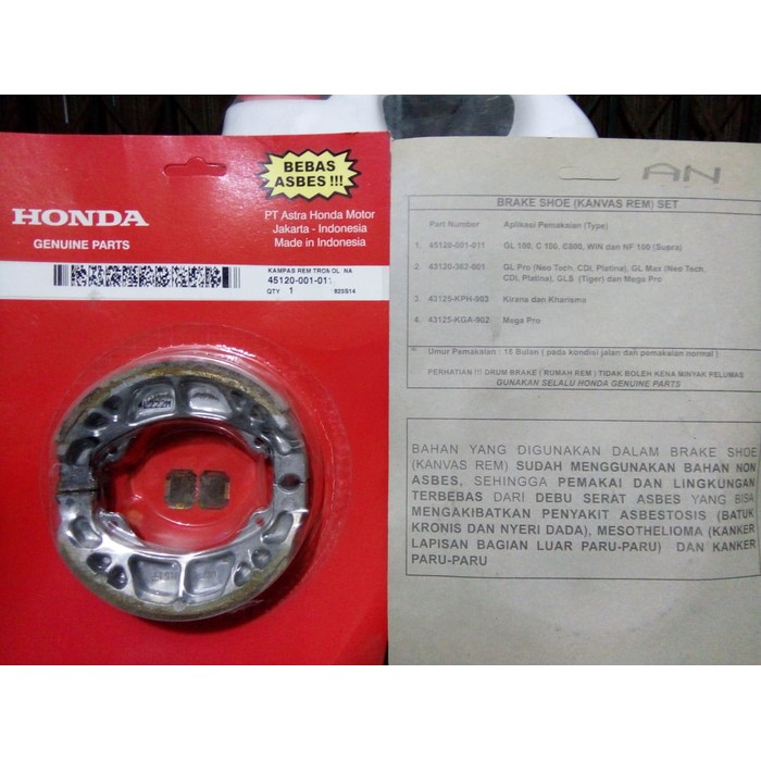 Kampas Rem HONDA GENUINE ORISINIL TROMOL(BELAKANG)/SUPRA-REVO 100