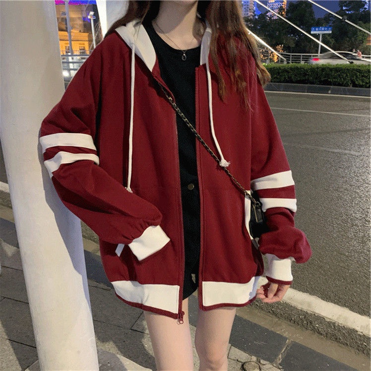 Sweater wanita musim gugur/musim dingin gaya Korea mantel ritsleting berkerudung longgar