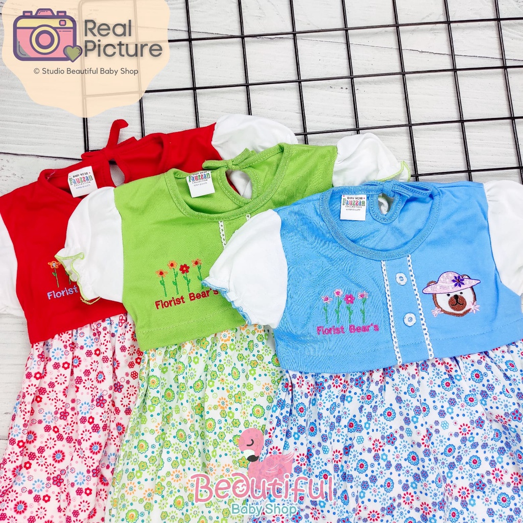 Dress Bayi Perempuan Motif Florist Bear Usia 3 sd 18 Bulan / Gaun Rok Baju Bayi Perempuan  Merk Fauzan / Baby.ou