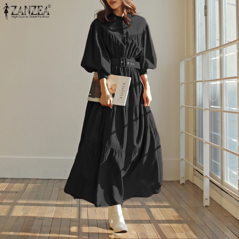 ZANZEA Women Casual Long Puff Sleeve With Belted Collared Maxi Dress