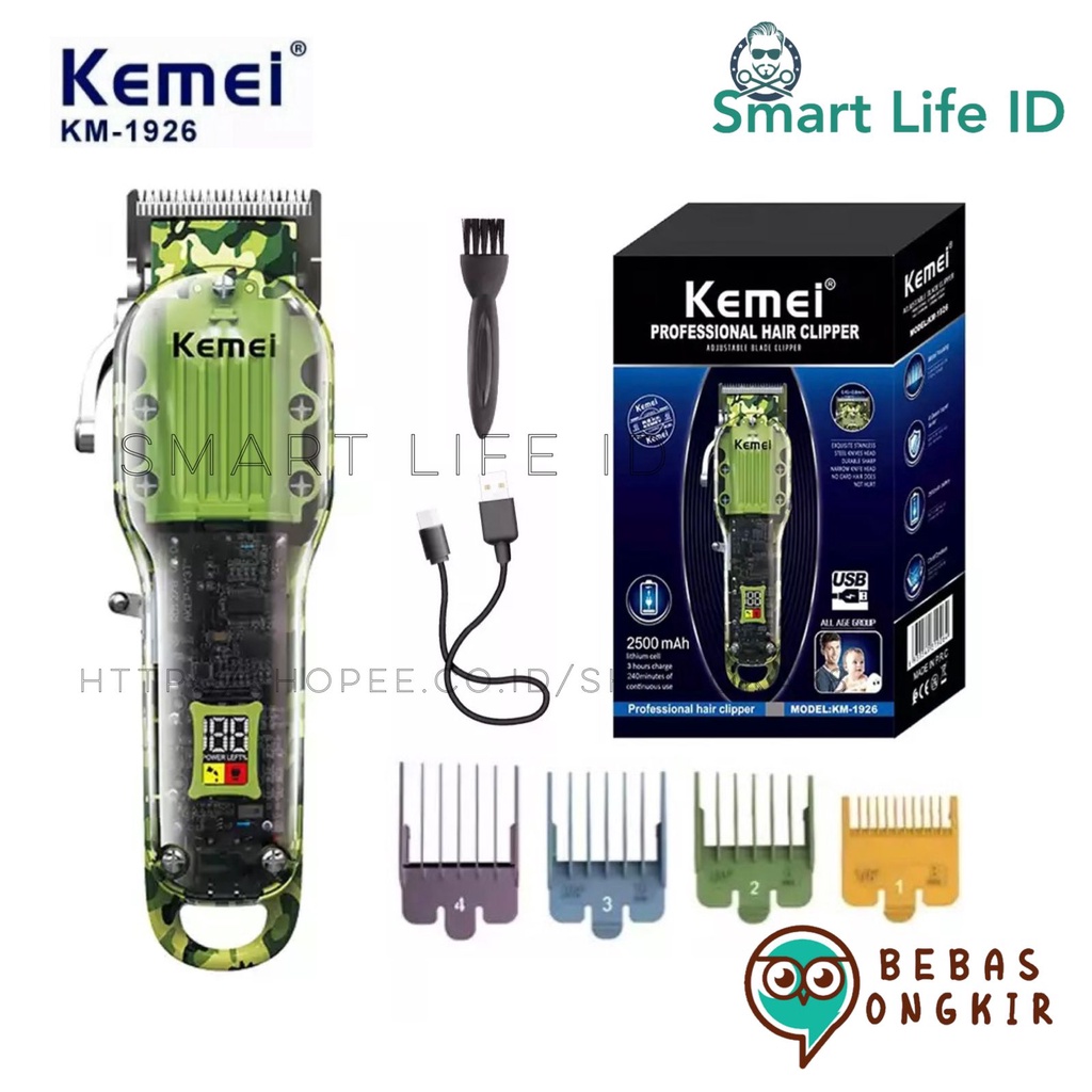 Alat Cukur Rambut Kemei KM 1926 Hair Clipper Electric Professional Power Turbo Transparan LCD Display Cukuran KM-1926