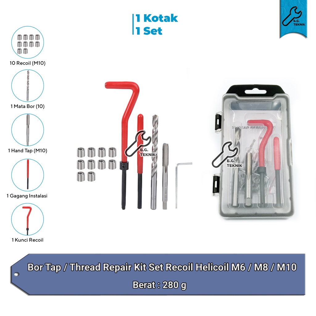 Bor Tap / Thread Repair Kit Set Recoil Helicoil M6/M8/M10