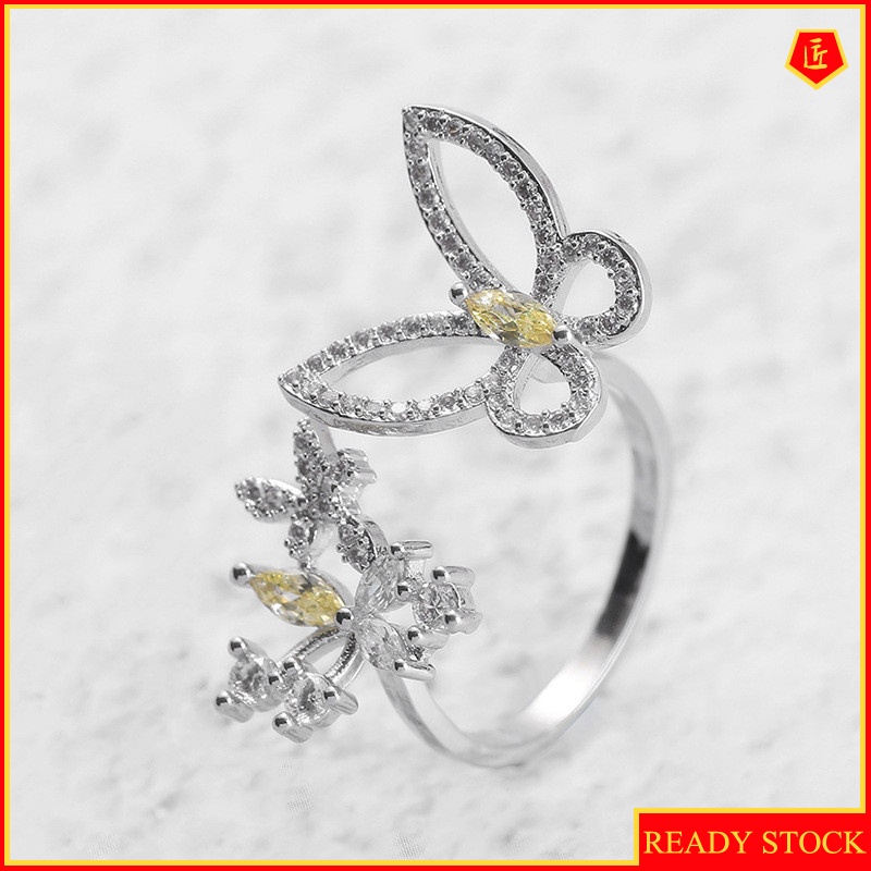 [Ready Stock]S925 Silver Personality Butterfly Opening Ring Yellow Diamond Fashion