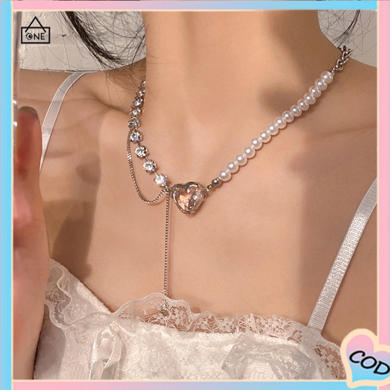 COD❤️Kalung Rantai Klavikula Liontin Mutiara Cinta Berlian Warna Pink Jahitan Wanita Desain Niche Manis Keren Ringan Mewah Rantai Tulang Selangka