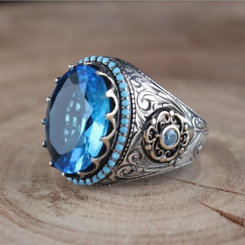 [Cherrye] Cincin Pria Mutiara Biru Safir Fashion Jewelry Kristal Berlian Baja Titanium Perak Antik Rings