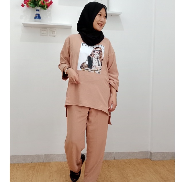 Clarissa set / Set crinkle Oversize lengan 3/4 x celana panjang