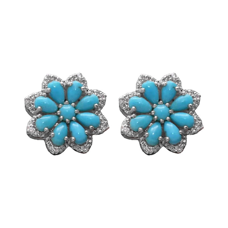 Boho Vintage Turquoise Stud Earrings Women 925 Sterling Silver Snow Flower Diamond Earrings Bridal Wedding Party Anniversary Gift Jewelry