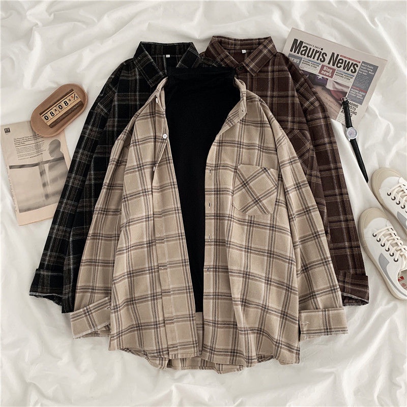 Kemeja kotak-kotak wanita jaket luar musim semi gaya Korea