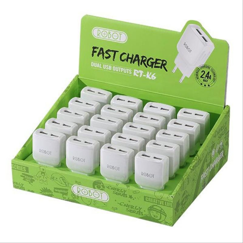 [ROBOT] Smart Adaptor Charger 2.4A Kepala Charger Dual usb Fast Charging R-TK6