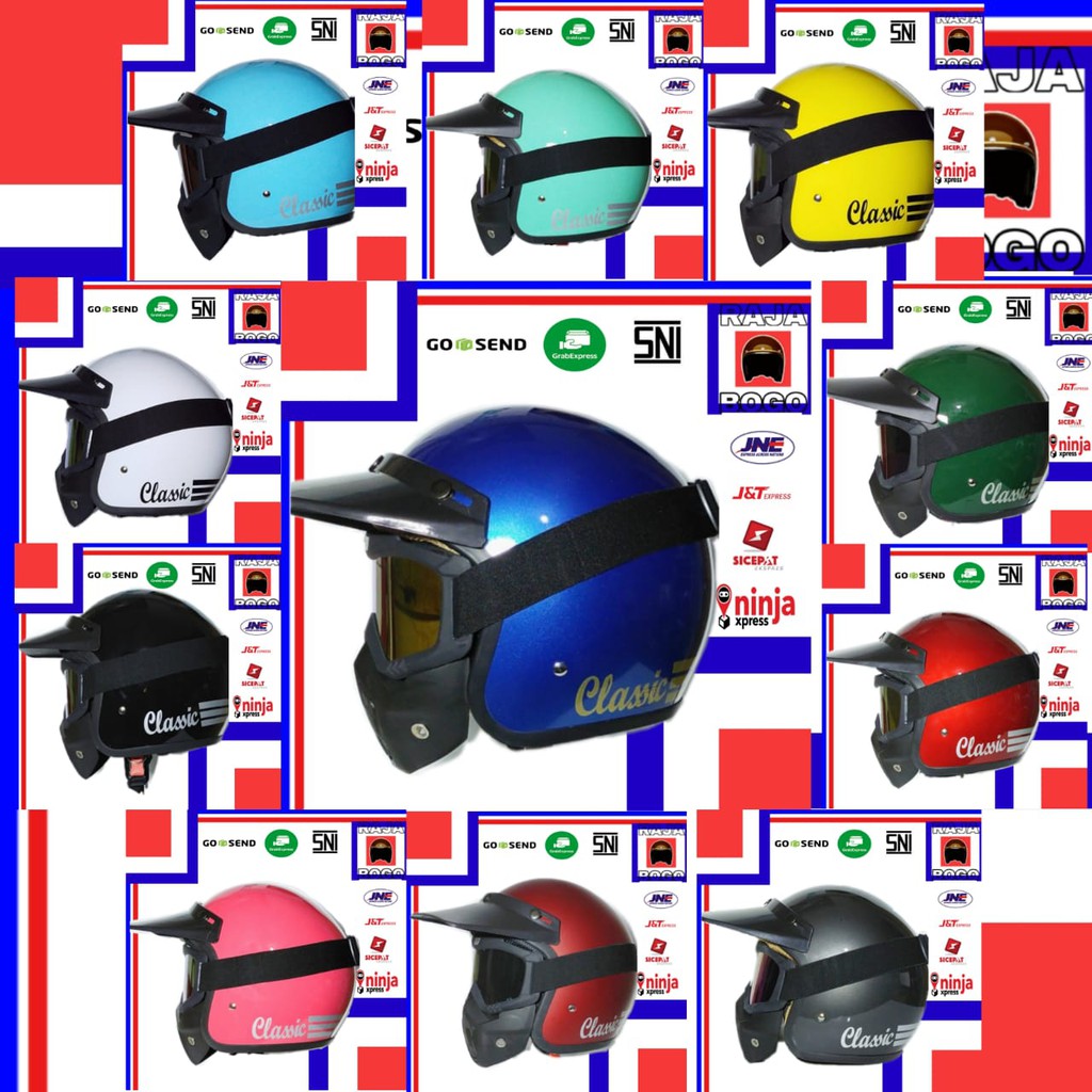Helm Bogo Retro Classic klasik pria wanita dewasa SNI kacamata google maks pet panjang All size