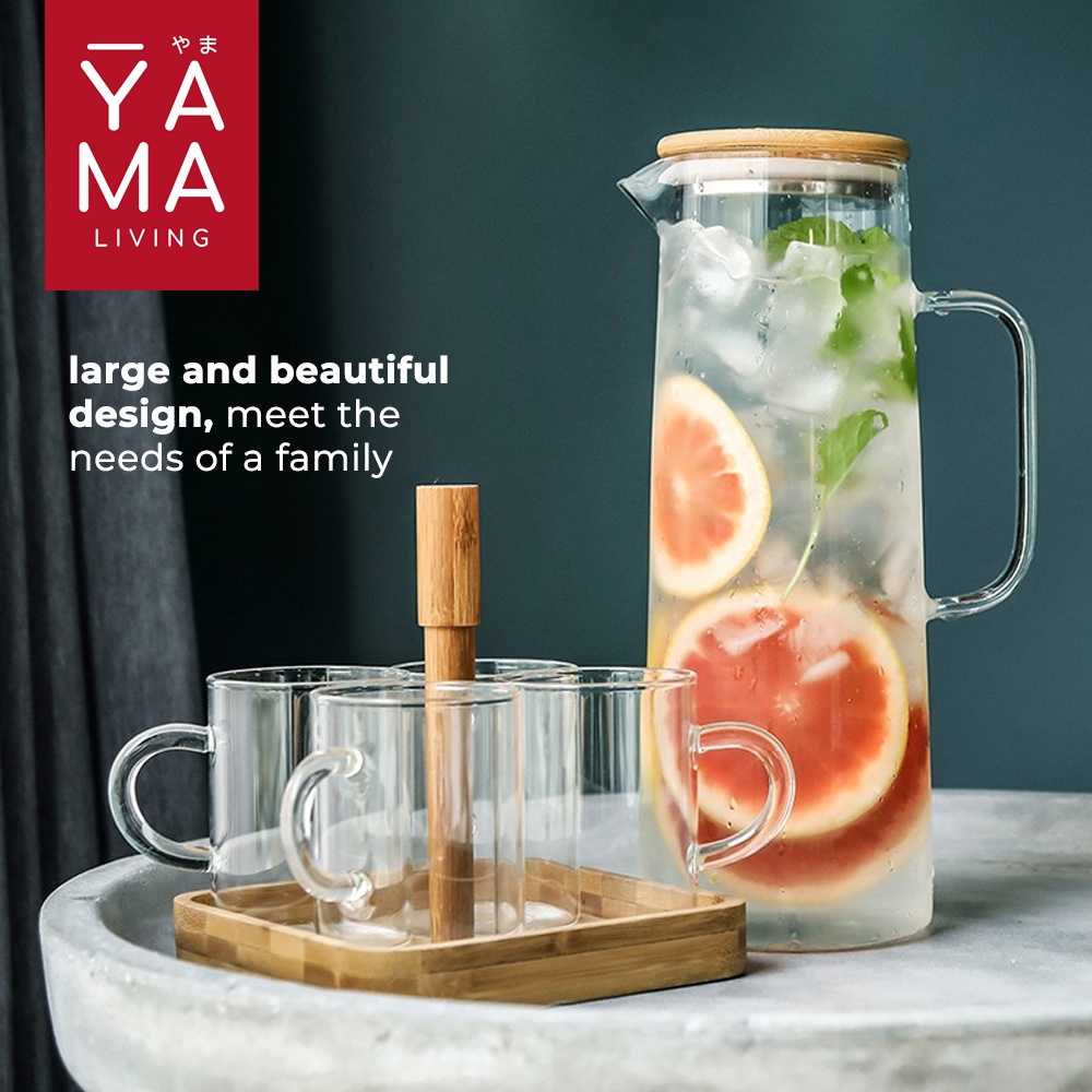 YAMA KASAMA Teko Kaca Pitcher Jug Kayu Air Minum Tahan Panas Dingin Infused Water