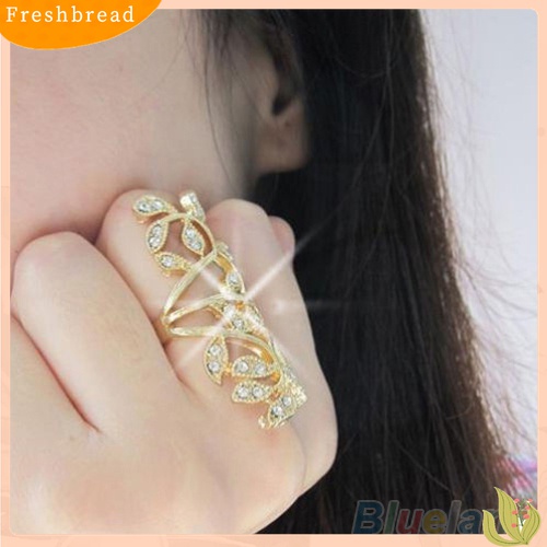 Fresh| Cincin Knuckle Desain Daun Hollow Hias Berlian Imitasi Berkilau Untuk Wanita