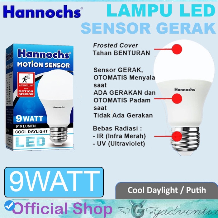 Hannochs Lampu LED Motion Sensor 9W Putih (Cool Daylight)