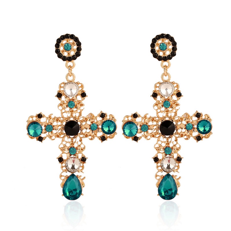 SIY  Elegant Cross Boho Women Lady Rhinestone Dangle Drop Rhinestone Ear Stud Earring