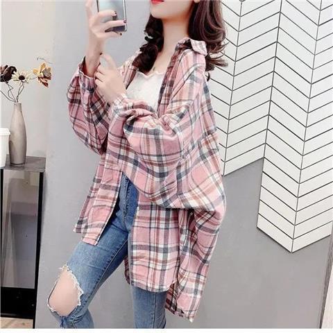 Kemeja wanita casual Kotak-kotak Lengan Panjang Blouse/Model Longgar Kemeja Wanita Casual Kemeja wanita-5