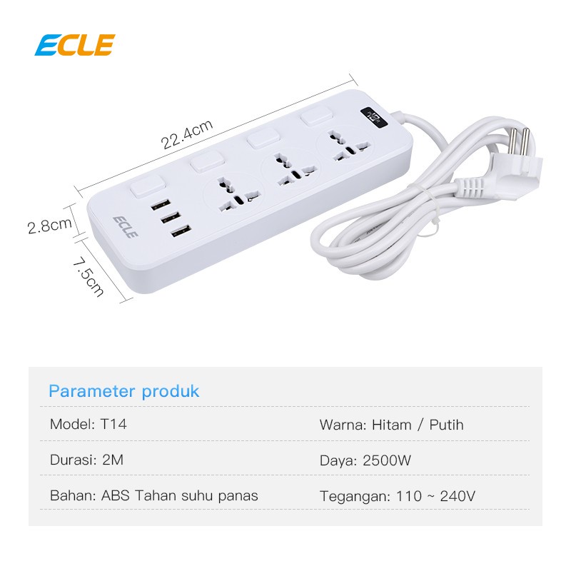 ECLE Stop Kontak Listrik Fast Charging - Power Strip Colokan Listrik Universal 110V - 250V dengan 3 USB Port 5V, 1A + Switch button dan Indikator LED - Panjang Kabel 2 Meter