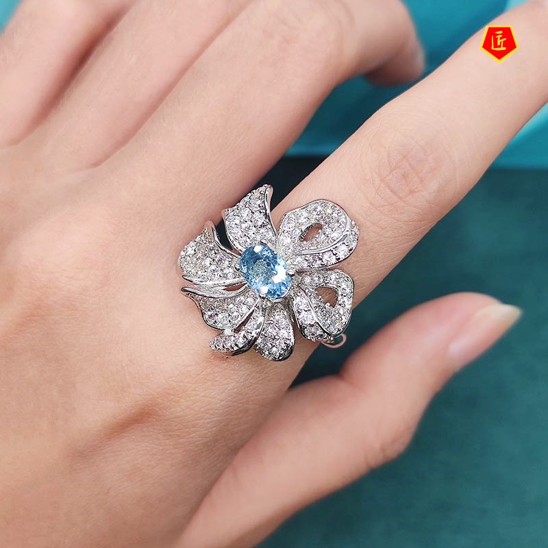 [Ready Stock]Fashion Luxury Natural Blue Topaz Multi-Layer Winding Flower Ring