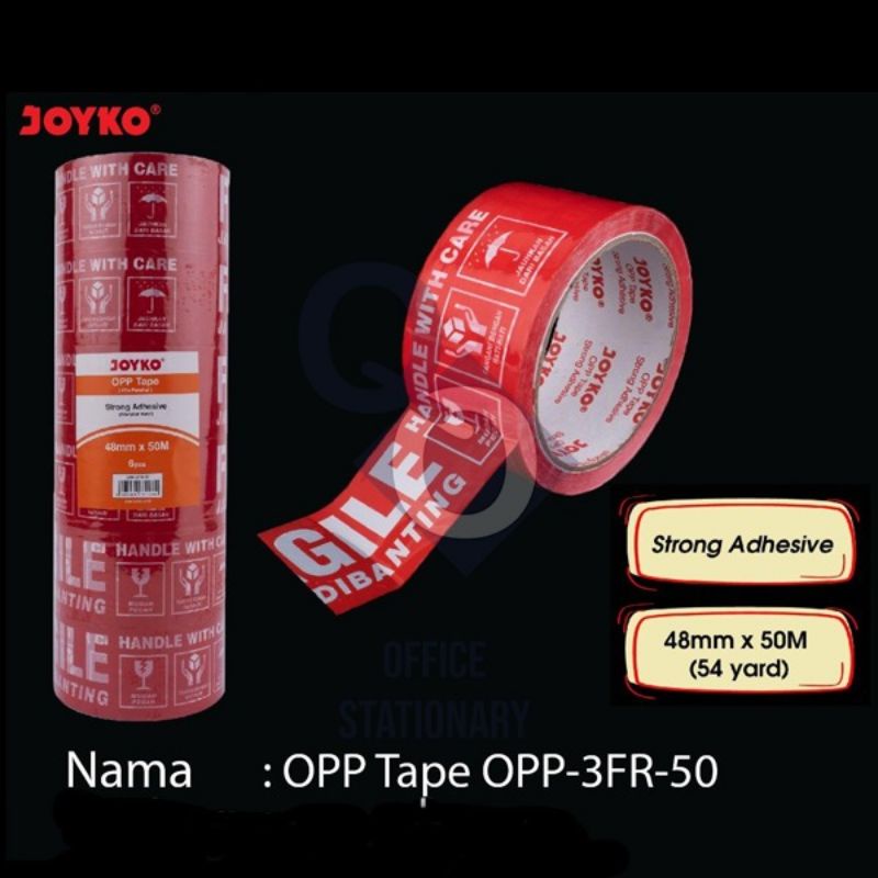 

Lakban Fragile Jangan Dibanting Opp Tape Joyko OPP 48 mm Putih Merah