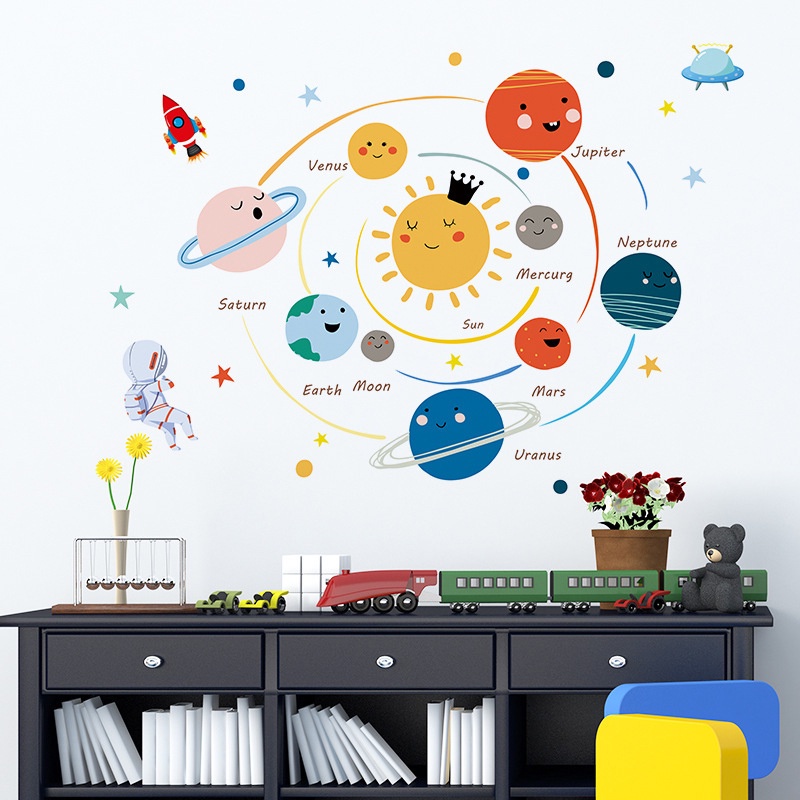 【beautifulhome12.id】Cartoon solar system planets wall sticker child kids room home mural removable