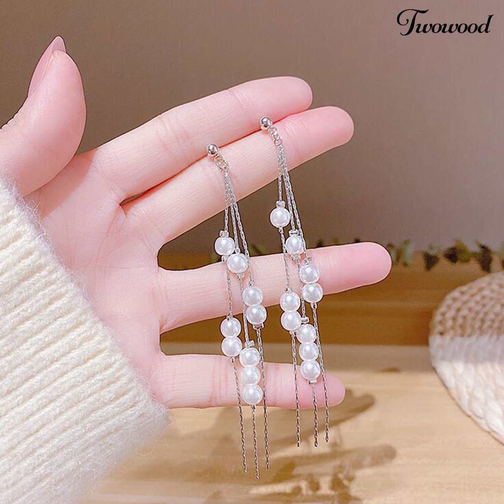 Twowood 1 Pair Dangle Earrings Elegant Long Tassels Alloy Sparkling Rhinestone Faux Pearl Earrings for Women