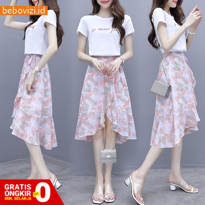 Baju Setelan Wanita 2Pcs Kaos T-Shirt Casual Dan Rok Bahan Sifon Warna Hijau Pink Bergaya Korea