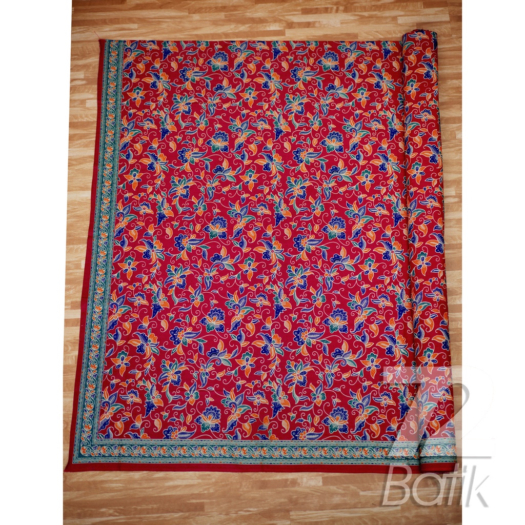 KAIN BATIK KATUN Premium Motif Kembang Warna Merah Orange Oranye Biru 722915 Cap 72 Jarik Jarit Samping Kebat Panjang Batik Katun Modern Premium Bahan Seragam Batik Pernikahan Kantor Keluarga Murah Kamen Jadi Batik Bali Lembaran