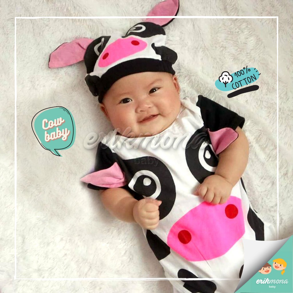 Ermon Baby - Jumper Bayi Laki Laki Perempuan Jumper Baby Cowok Cewek Lucu Karakter Sapi + Topi Usia 0 - 12 Bulan