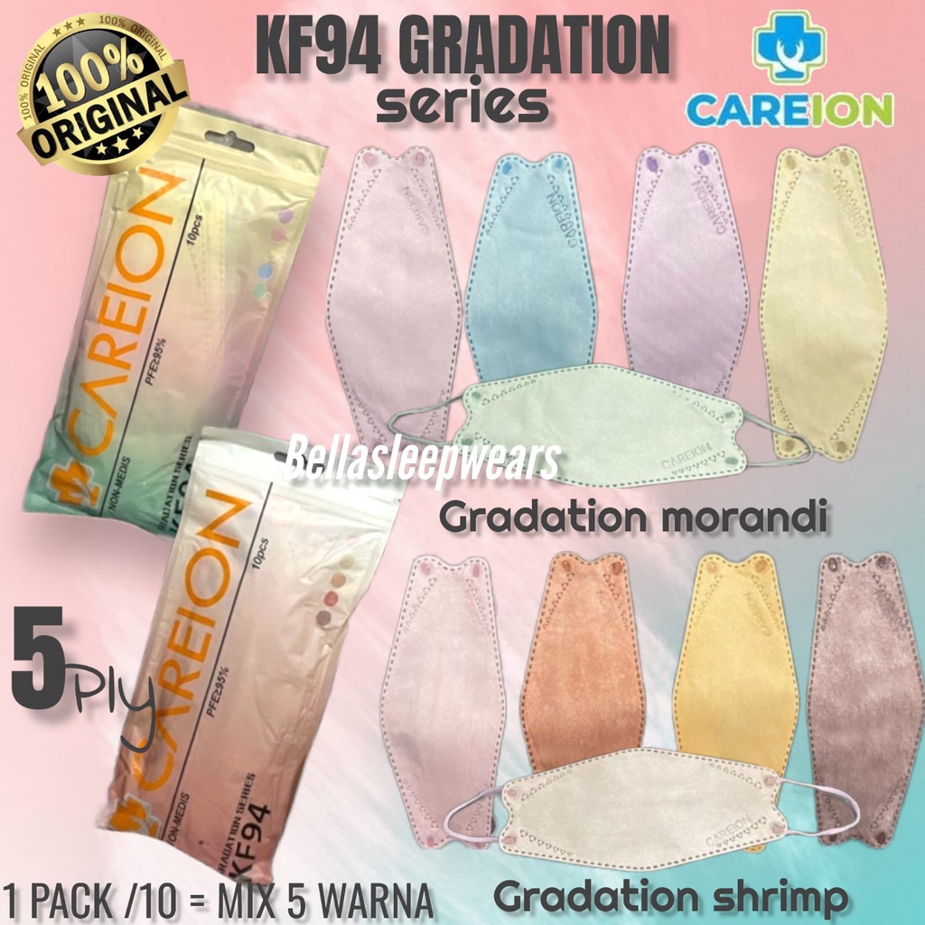 KF94 5PLY GRADATION MIX CAREION - MASKER KF94 GRADATION SHRIMPINK MORANDI / HIJAB CAREION 4 Ply isi 10 Pcs ORIGINAL