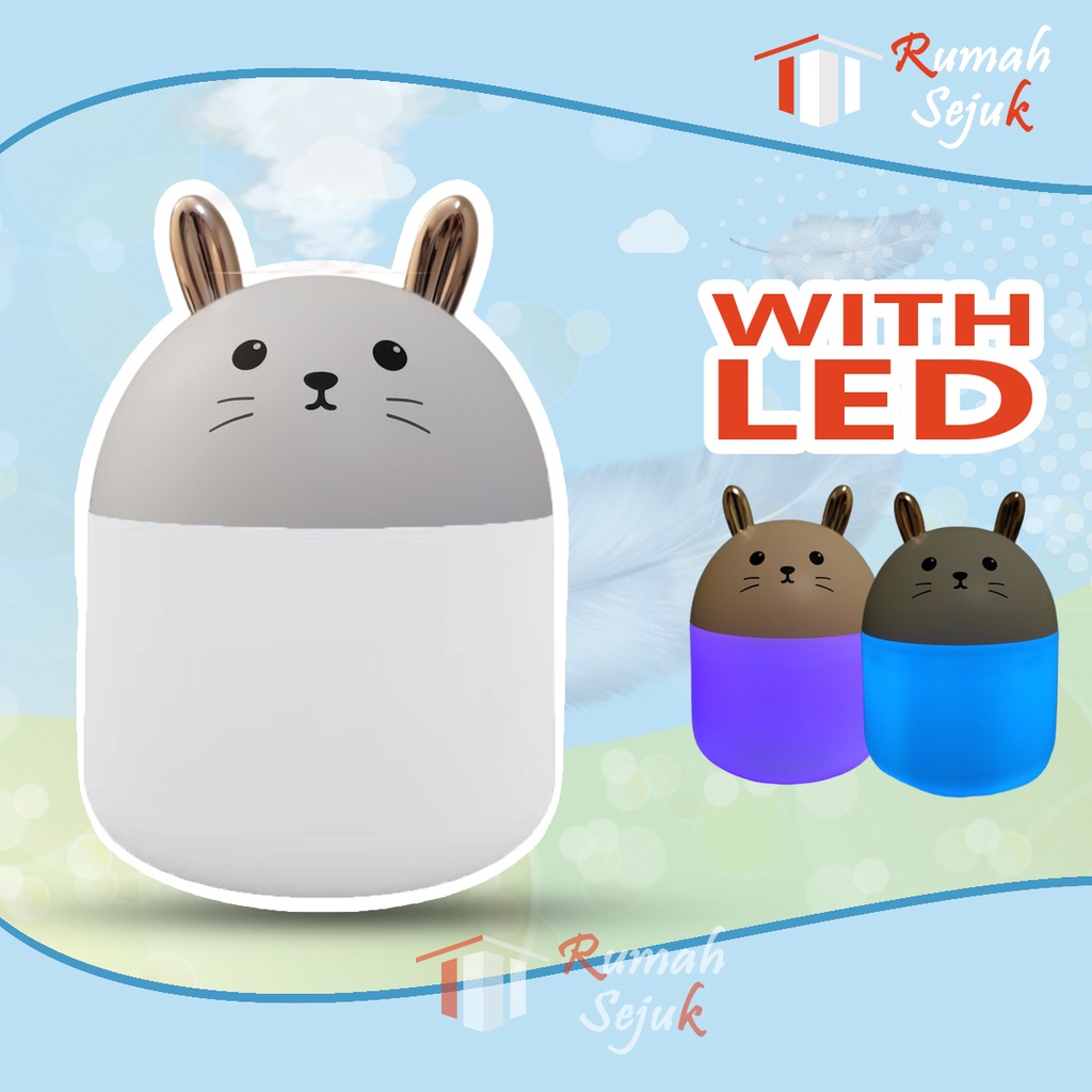 RS - Air Humidifier Diffuser Aromaterapi Alat Pengharum Ruangan Difuser Disfuser Unik Lucu Kucing RS-H32 Humdifier Purifier Difusser Defuser Humidifer Humadifier Humudifier Dispuser Humifider Portable Mobil Car Uap Hiasan Kamar Lampu LED Free Gratis Oil-Bunny White + 6 OIl