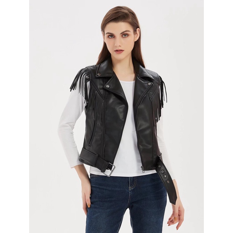 Jaket Kulit Wanita Trend Terbaru Korea  2021 BaruNew Kulit Vest Zipper Tassel Perempuan [UNK]pendek[